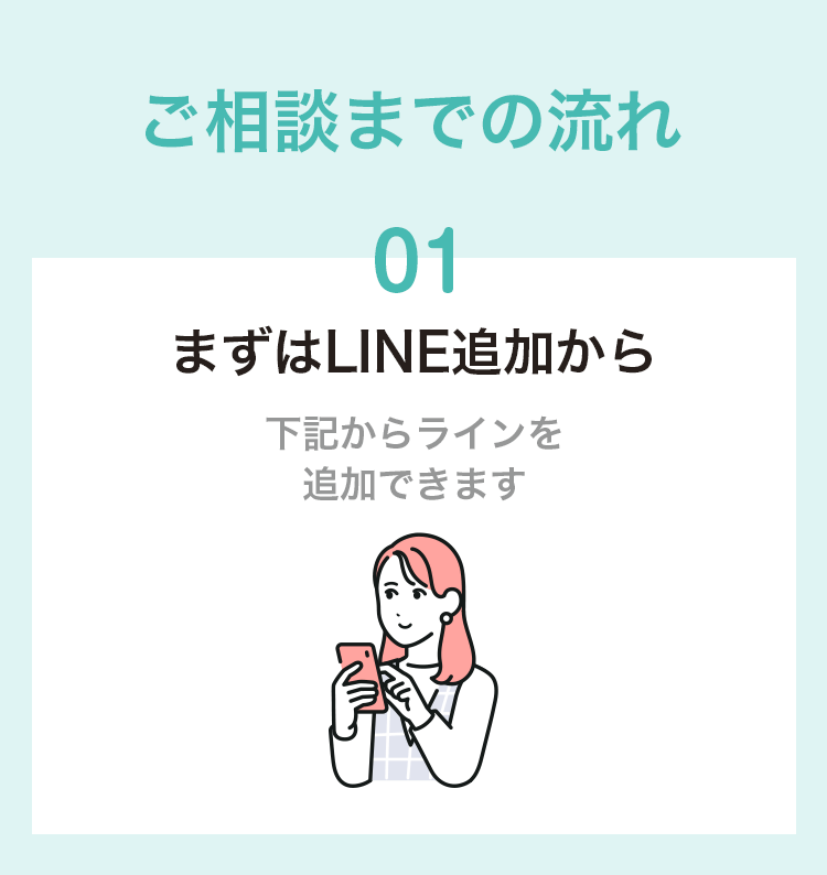 ご相談までの流れ 01 まずはLINE追加から 下記からラインを追加できます